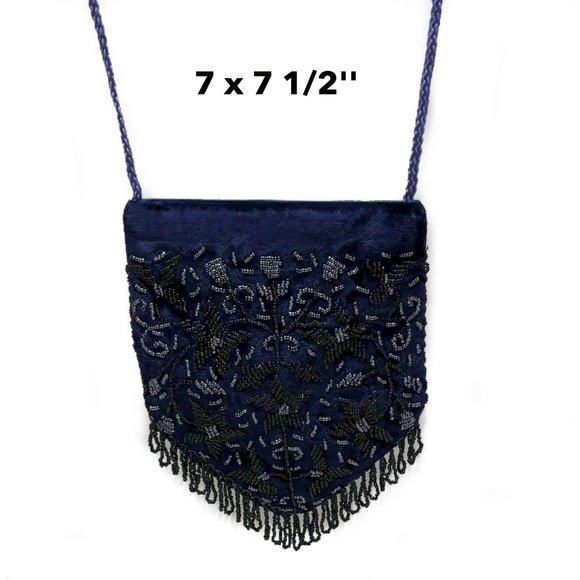 Velvet Blue Beadwork Women Purse Handbag Party Evening Wedding Crossbody Bag - Picture 1 of 5